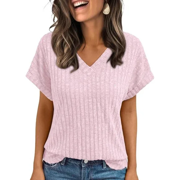 👑Women's Pink Short Sleeve Cute V Neck Stretch Ribbed Knitwear Pullover Sweater - Picture 1 of 6
